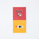 A Japanese Motif Mini Card, laid flat to show both sides, with one side featuring an picture of fish-shaped bottle of soy sauce on a yellow backround and the other side showing two norimaki sushi rolls with a pair of chopsticks on a red background.