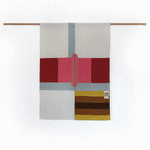 Gif animation of artist and creative director Amy Croft's noren (Japanese curtain) opening and closing on a wooden pole. The curtain is split into two panels, together they create a pattern of red and pink and blue rectangles on a white background, with a central oval pattern in pink and a yellow and brown striped rectangle on the bottom right. Gif and images ©Amy Croft.