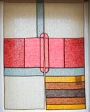 A contemporary Japanese noren curtain, featuring a large abstract pattern of pink, red, pale blue, yellow and brown rectangles and stripes. The curtain is lit from behind, making it translucent and each shape outlined by traditional Korean bojagi hidden seams. Designed and handcrafted by Amy Croft, Modja Modja House and available at NIMi Projects UK. Image ©Amy Croft