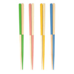 Four pairs of Style of Japan Oedo wooden hashi chopsticks, each two toned in colour. From left to right: green and wood, pink and wood, yellow and wood, and blue and wood. Made in Japan and available at NiMi Projects UK.