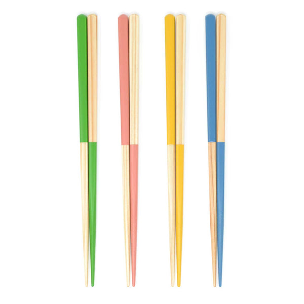 Four pairs of Style of Japan Oedo wooden hashi chopsticks, each two toned in colour. From left to right: green and wood, pink and wood, yellow and wood, and blue and wood. Made in Japan and available at NiMi Projects UK.
