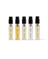 Five small perfume bottles labeled 'Earth', 'Fire', 'Metal', 'Water', and 'Wood' by 'homework' on a white background.
