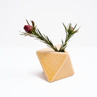 A Japanese ceramic, diamond-shaped bud vase in yellow, holding two leafy, red flower buds. Available at NiMi Projects UK.
