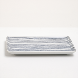 The Angle Ito Tsumugi rectangular sushi plate, showing its pattern of fine blue lines. Made in Japan by Angle and available at NiMi Projects UK.