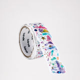 A roll of Japanese washi paper stickers, made in Japan by Bande. Each sticker features a different, brightly coloured sea creature, such as jelly fish and scallops, and is individually cut. The stickers are layered slightly apart to create the roll's strip. Available at NiMi Projects UK.