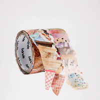 A gif animation of a double roll of Bande Japanese washi tape ice cream and cone stickers. The roll has two rows — one featuring individual stickers of ice cream cones and another of  individual ice cream scoops. The animation shows a cone rotating off the sticker roll and landing to the right, followed by a doubles scoop of ice cream landing on top. Available at NiMi Projects UK. 