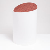 Moheim cylindrical swing bin with slanted walnut wood lid, Japanese minimalist design, made in Japan, available at NiMi Projects