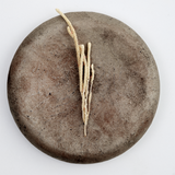 A circular raised pedestal plate made of wild cherry wood collected from Yakushima by Japanese artisan Solmu Puut and finished with washi paper and urushi lacquer with a dusting of tin powder. On display with a sprig of wild flowers at NiMi Projects UK.