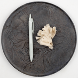 Top view of a large round wild cherry wood plate, textured with layers of washi paper and deep brown lacquer. Made in Japan from wood sourced from thinning projects in Yakushima and hand crafted by wood artisans Solmu Puut. On display with white pen and dried flowers at NiMi Projects UK.