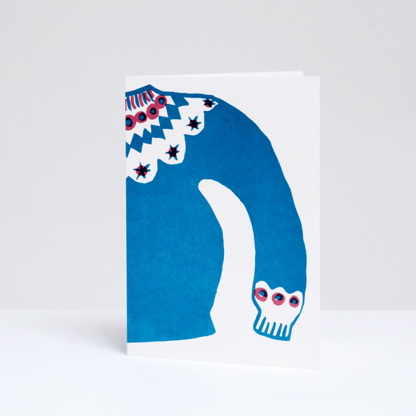 An animation by NiMi Projects UK of Takako Copeland’s Icelandic Sweater letterpress-printed card featuring an illustration of a bright blue and red patterned sweater that spreads across both sides of the card.