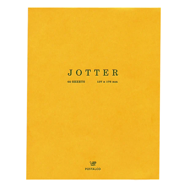 A top view of an A5 60-sheet Postalco Jotter notepad with yellow cover and the polstalco bird logo printed on the bottom.