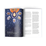 An open page of the Sankaku Vol. 02: Ramen book featuring an illustration of former astronaut Naoko Yamazaki, surrounded by packaged space foods, paired with text from an interview with Yamazaki about eating noodles in space.