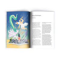 Inner pages of the Sankaku Vol 3: GODS book, published by Sankaku and available at NiMi Projects UK. One the left page is a cute and bright illustration of a god wielding a lightning bolt, a serpent, a white fox, an ogre and a mermaid surrounding a woman standing on open book showing images of places in Japan. On the right page is text written by Stevie Suan, titled “Mixing Mythologies.”