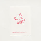 The rear side of a congratulations card for a new baby, featuring a red line drawing of a crying baby in a romper suit.