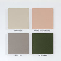 Japanese designer Atelier Yocto colour swatch of Ama Flax beige, Sakura Cherry Blossom Pink, Light Grey and Mosu Moss green - NiMi Projects