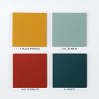 Japanese designer Atelier Yocto swatch of Karashi Mustard yellow, Seiji Celadon green, Shu Vermilion red and Ai Indigo blue-green - NiMi Projects UK