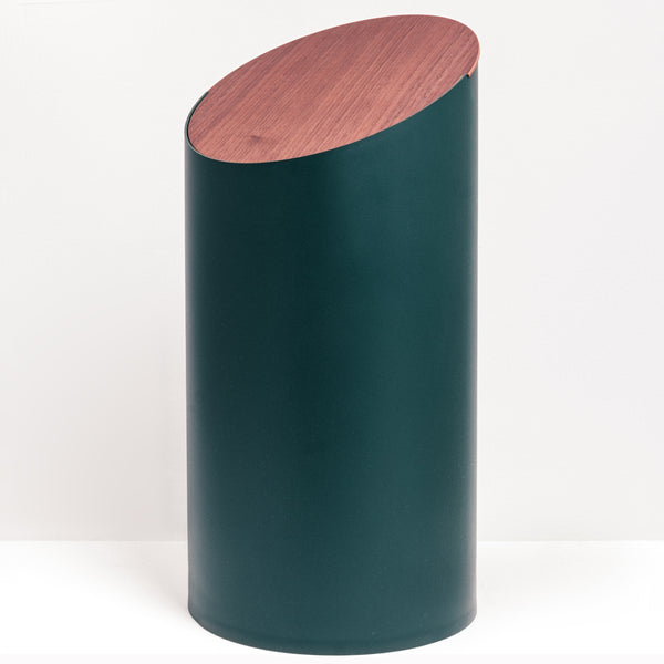 A cylindrical Moheim swing bin with a slanted, flat walnut wood lid, Japanese design, made in Japan and available at NiMi Projects UK.