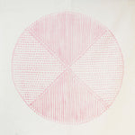 A white musubi linen furoshiki wrapping cloth with a circular design of red lines and dots by Nobuyuki Takai, available at NiMi Projects UK.