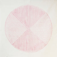 A white musubi linen furoshiki wrapping cloth with a circular design of red lines and dots by Nobuyuki Takai, available at NiMi Projects UK.