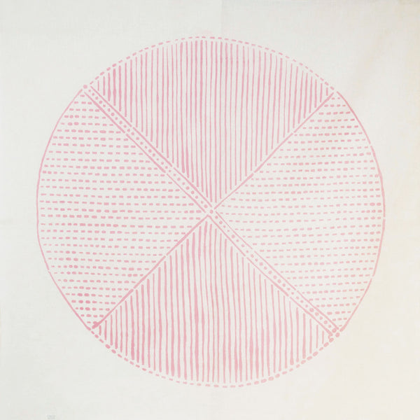 A white musubi linen furoshiki wrapping cloth with a circular design of red lines and dots by Nobuyuki Takai, available at NiMi Projects UK.