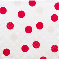 A 70 cm square Musubi Seven Treasures furoshiki Japanese wrapping cloth, featuring large red dots on a background of pearlescent dots, which all form a pattern of intersecting circles. Made in Japan and available at NiMi Projects.