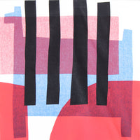The reverse side of Masaru Suzuki's Stripe Horse furoshiki wrapping cloth, designed for Musubi, featuring four bold black vertical stripes layered over pink shapes and a blue abstract rectangular horse motif. Available at NiMi Projects UK.