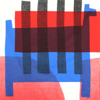 Masaru Suzuki's Horse Stripe furoshiki wrapping cloth, featuring an abstract blue rectangular horse layered on top of a red rectangle and semicircles and four black stripes, designed for Musubi and available at NiMi Projects UK.