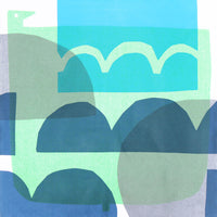 The reverse side of Masaru Suzuki's Musubi Water Bird furoshiki wrapping cloth design, featuring several blue wave motifs and a pale green rectangular bird in the background. Made in Japan and available at NiMi Projects UK.