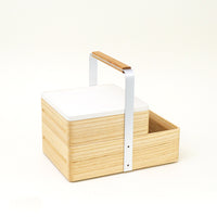 White Atelier Yocto Tray lid on an Okamochi carry box, hand crafted in Japan using traditional Japanese joinery techniques, available at NiMi Projects, UK.