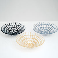 Three Japanese artisan Saburo's Afumi transparent conical glass bowls, with vibrant large grid patterns in navy blue, cornflower blue and yellow, hand crafted in Japan and available at NiMi Projects UK.