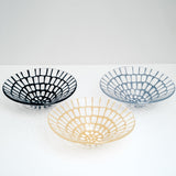 Three Japanese artisan Saburo's Afumi transparent conical glass bowls, with vibrant large grid patterns in navy blue, cornflower blue and yellow, hand crafted in Japan and available at NiMi Projects UK.