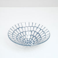 Artisanal large glass conical bowl with cornflower blue grid pattern, hand made in Japan by Saburo and available at NiMi Projects UK.