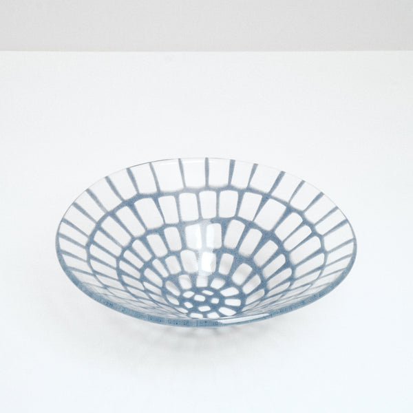 Artisanal large glass conical bowl with cornflower blue grid pattern, hand made in Japan by Saburo and available at NiMi Projects UK.