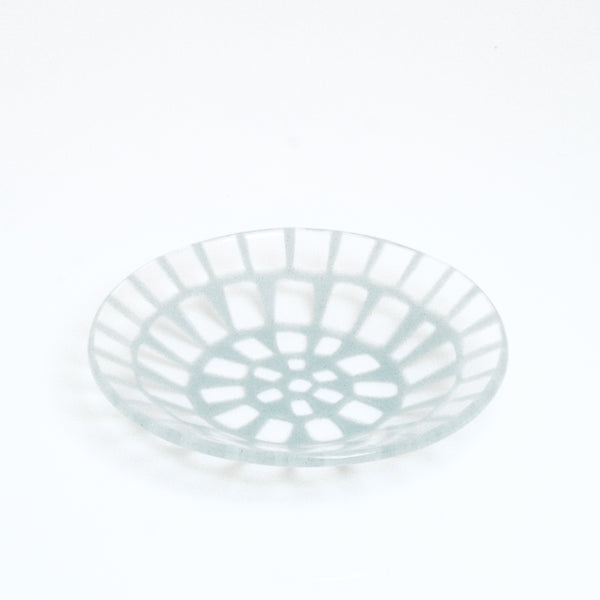 A clear and mint blue Afumi mosaic small glass dish, hand crafted by artisan Saburo, made in Japan and available at NiMi Projects.