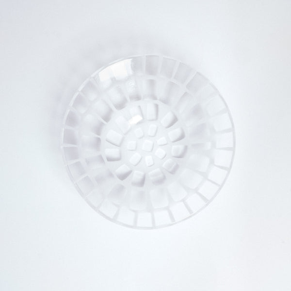 Top view of a handcrafted round transparent Afumi glass bowl, with white mosaic pattern, made in Japan by Saburo and available at NiMi Projects UK.