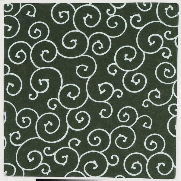 A large bottle-green Japanese furoshiki wrapping cloth with a traditional Kyo-karakusa swirl pattern in white. 100 percent cotton, made in Japan and sold at NiMi Projects UK.