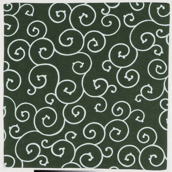 A large bottle-green Japanese furoshiki wrapping cloth with a traditional Kyo-karakusa swirl pattern in white. 100 percent cotton, made in Japan and sold at NiMi Projects UK.
