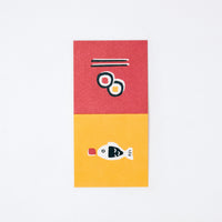 A Japanese Motif Mini Card, laid flat to show both sides, with one side featuring an picture of fish-shaped bottle of soy sauce on a yellow backround and the other side showing two norimaki sushi rolls with a pair of chopsticks on a red background.