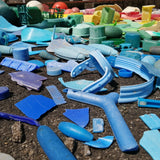 Blue ocean plastic waste, collected and sorted in Japan by Buoy, ready to be recycled into homeware items.