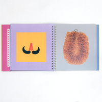 Two open facing pages of Kokuyo's Face Sticker Book, available at NiMi Projects UK, featuring, on the left, a yellow square with an orange nose and black moustache and, on the right, a tawashi scrubbing brush. All the illustrations in the book are by Tupera Tupera, an artist unit in Japan known for it's children's books illustrations.