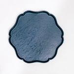 A large Agean blue handcrafted Japanese porcelain Mino-ware platter, with arabesque edges and tatara fabric-like texturing, available at NiMi Projects UK.  