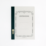 A Tsubame Swallow A5 notebook with a flecked gray cover featuring a classic border illustration and the words Note Book. Its black-tape spine covers thread-bound pages of Japan-made paper, and is embossed in gold with the intials HS, the product number and a swallow logo.